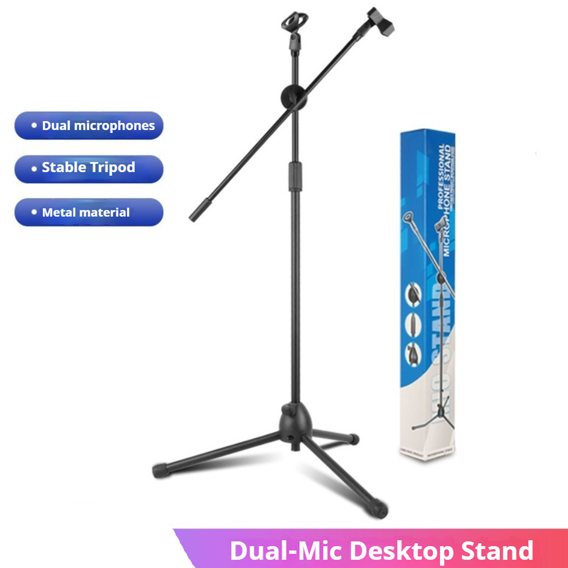 Shure Mic Sm58 - デュアルアーム設計のパフォーマンス用マイクフロアスタンド：柔軟な多角度調整、歌/楽器演奏などに適しています。 高さ調節可能：様々な身長や使用ニーズに適しています。 三脚ベース：安定していて揺れにくい、パフォーマンスに最適、耐久性のある金属素材